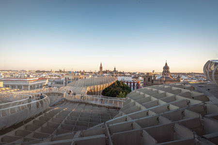 Seville, Spain - Apr 4 2019: Aerial view of Seville and Metrosol Parasol viewpoint (Las Setas) - Seville, Andalusia, Spainのeditorial素材