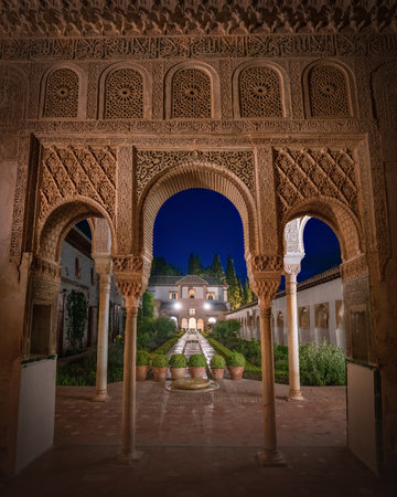 Granada, Spain - May 25 2019: Generalife Palace of Alhambra in moorish arabic style - Granada, Andalusia, Spainのeditorial素材