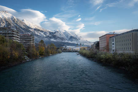 Inn River, Innsbruck skyline and Alps Mountains - Innsbruck, Tyrol, Austria