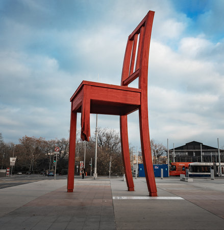 Geneva, Switzerland - December 03, 2019: Broken Chair sculpture on the Place des Nations by artist Daniel Berset - Geneva, Switzerlandのeditorial素材