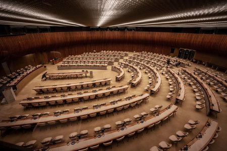 Geneva, Switzerland - December 05, 2019: Conference Room at Palace of the Nations - United Nations...
