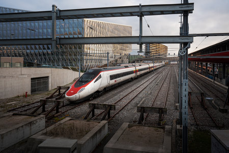 Geneva, Switzerland - December 03, 2019: Railroad, train and platform - Geneva, Switzerland