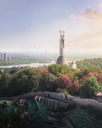 Kiev, Ukraine - August 9, 2019: Aerial view of Kyiv city and Dnieper River with the Motherland Monument at sunset - Kiev, Ukraineのeditorial素材