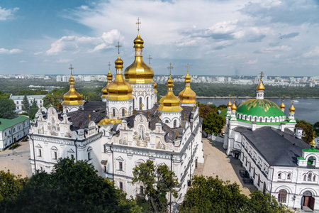 Aerial view of Pechersk Lavra Monastery and Dormition Cathedral - Kiev, Ukraineの写真素材
