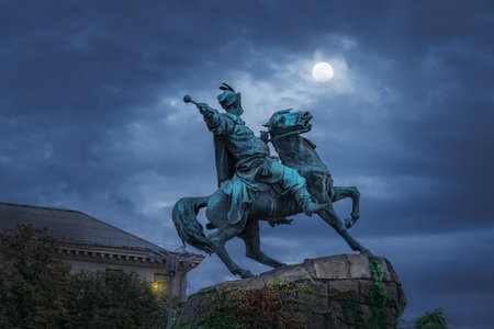 Kiev, Ukraine - August 10, 2019: Bohdan Khmelnytsky Monument at Sofievskaya Square at night - Kiev,...