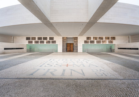 Fatima, Portugal - Feb 12, 2020: Basilica of the Most Holy Trinity Entrance at Sanctuary of Fatima -...