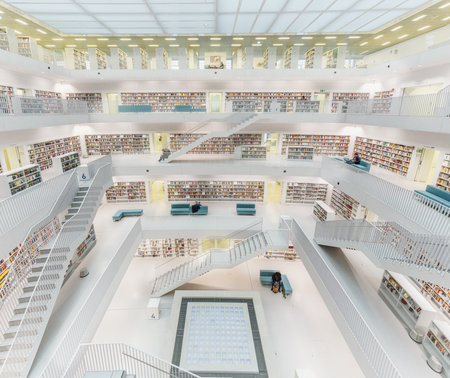Stuttgart, Germany - Dec 18, 2019: Stuttgart Public Library Interior (Stadtbibliothek Stuttgart) - Stuttgart, Germanyのeditorial素材