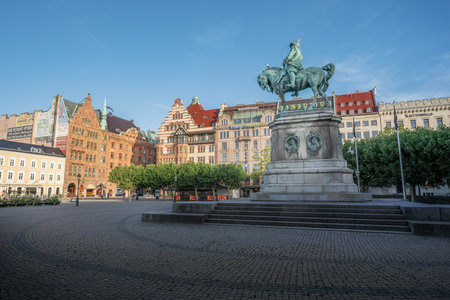 Malmo, Sweden - Jun 23, 2019: Stortorget Square and the statue of King Karl X Gustav of Sweden -...