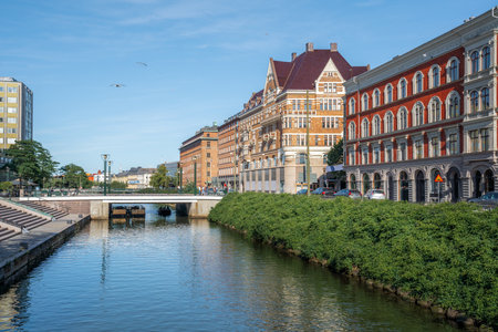Canal view of Malmo and old buildings - Malmo, Swedenのeditorial素材