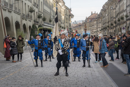 Bern, Switzerland - Nov 25, 2019: Parade of swiss soldiers on traditional custom during Zibelemarit Holiday (Onion Market) - Bern, Switzerlandのeditorial素材