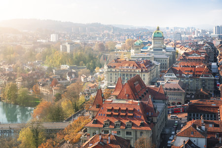 Aerial view of Bern and Federal Palace of Switzerland (Bundeshaus) - Bern, Switzerlandのeditorial素材