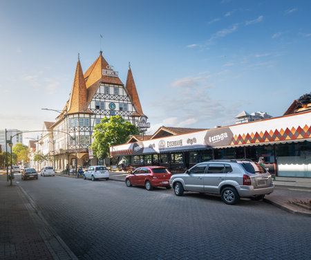 Blumenau, Brazil - Nov 14, 2020: XV de Novembro Street and former Moelmann Castle, now Havan Store - Blumenau, Santa Catarina, Brazilのeditorial素材