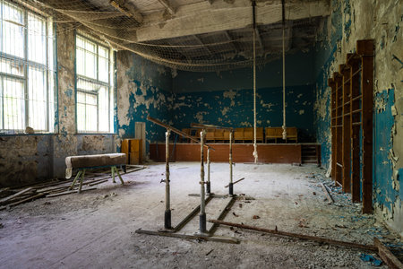 Chernobyl, Ukraine - Aug 06, 2019: School Gym at Duga Radar Village - Chernobyl Exclusion Zone, Ukraineのeditorial素材