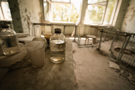Chernobyl, Ukraine - Aug 07, 2019: Bottle of medicine in a table at Pripyat Hospital - Pripyat, Chernobyl Exclusion Zone, Ukraineのeditorial素材