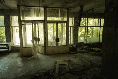 Chernobyl, Ukraine - Aug 07, 2019: Entrance Doors at the reception of Pripyat Hospital - Pripyat, Chernobyl Exclusion Zone, Ukraineのeditorial素材