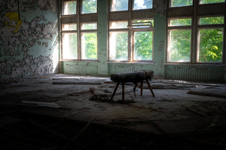 Chernobyl, Ukraine - Aug 07, 2019: Gym Room of the School of District 3 - Pripyat, Chernobyl Exclusion Zone, Ukraineのeditorial素材