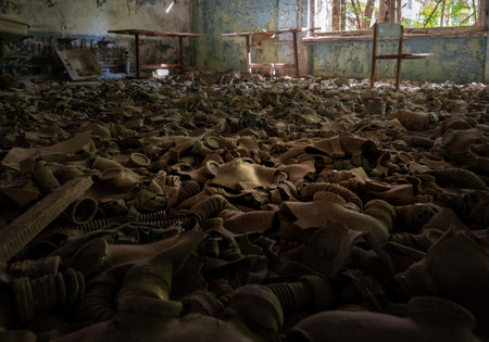 Chernobyl, Ukraine - Aug 07, 2019: Gas Masks on the School of District 3 floor - Pripyat, Chernobyl Exclusion Zone, Ukraineのeditorial素材