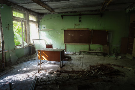Chernobyl, Ukraine - Aug 07, 2019: Classroom in the School of District 3 - Pripyat, Chernobyl Exclusion Zone, Ukraineのeditorial素材