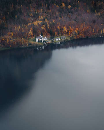 Aerial view of Obertraun and Schloss Grub - Hallstatt, Austriaの写真素材