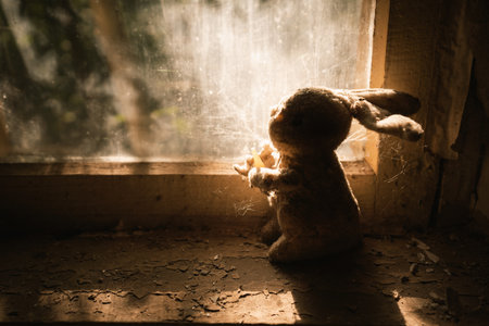 Stuffed Bunny Toy Silhouette in the Light of a Window at Kindergarten - Kopachi Village, Chernobyl Exclusion Zone, Ukraineの写真素材