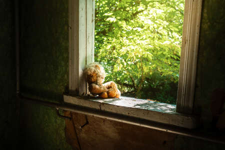 Abandoned stuffed toy in a village house window - Zalissya Village, Chernobyl Exclusion Zone, Ukraineの写真素材