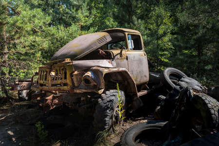 Abandoned rusty trucks in the backyard of Police Station - Pripyat, Chernobyl Exclusion Zone, Ukraineの写真素材