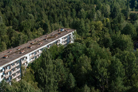 Aerial view of apartment building in Pripyat - Pripyat, Chernobyl Exclusion Zone, Ukraineの写真素材