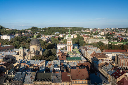 Aerial view of Lviv with Dominican Church and Monastery, Dormition Church and Korniakt Tower - Lviv,...