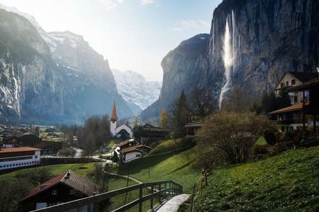 Village Church of Lauterbrunnen valley - famous Waterfall valley in the middle of the alps - Lauterbrunnen, Switzerlandの写真素材