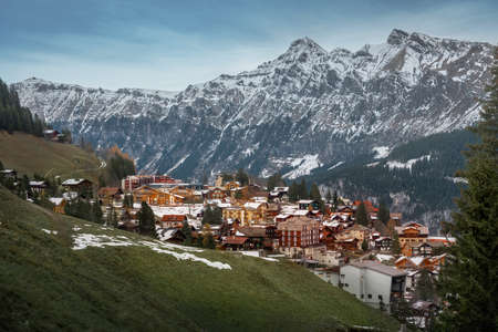 Murren Village with Tschuggen Mountain on background - Murren, Switzerlandの写真素材