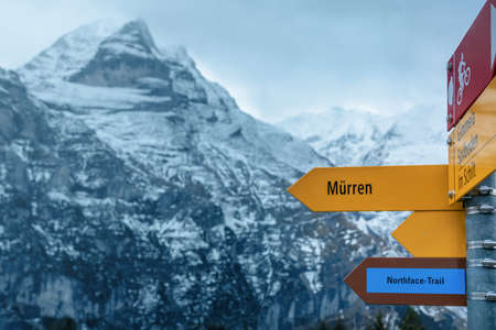 Directional sign pointing to Murren Village - Murren, Switzerland