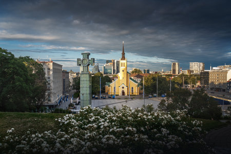 Tallinn, Estonia - Jul 06, 2019: Freedom Square with War of Independence Victory Column and St Johns Church - Tallinn, Estoniaのeditorial素材