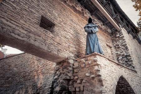 Tallinn, Estonia - Jul 08, 2019: Faceless Monk Sculpture named Three - Claudius the Observing Monk - created by Aivar Sim and Paul Mand in 2011 - Tallinn, Estoniaのeditorial素材