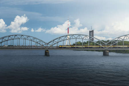 Railway Bridge and Riga Radio and TV Tower - Riga, Latviaの写真素材