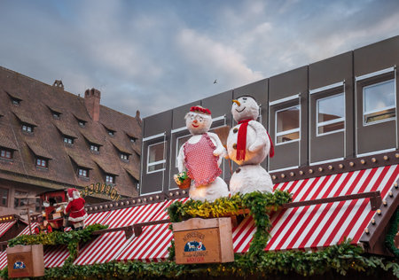 Nuremberg, Germany - Dec 09, 2019: Christmas Market Stall decoration at Christkindlesmarkt - Nuremberg, Bavaria, Germanyのeditorial素材