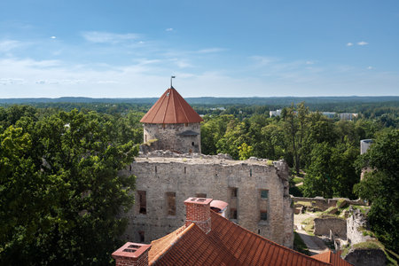 Aerial view of Cesis Castle - Livonian Order medieval castle ruins - Cesis, Latviaのeditorial素材