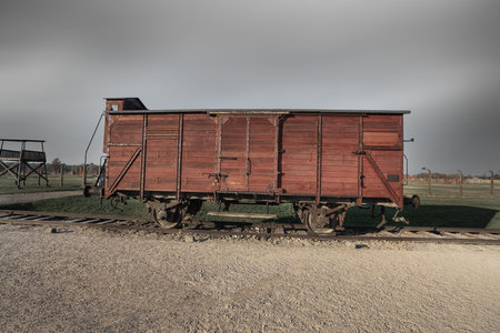 Old Prisoners Transport Wagon at Auschwitz II - Birkenau, former German Nazi Concentration and Extermination Camp - Polandのeditorial素材