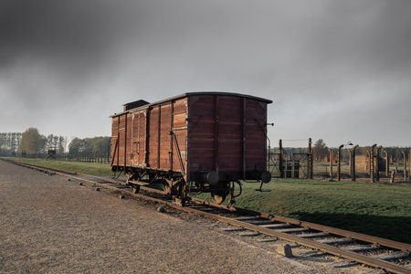 Old Prisoners Transport Wagon at Auschwitz II - Birkenau, former German Nazi Concentration and...