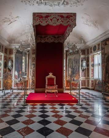 Copenhagen, Denmark - Jun 26, 2019: Knight's Hall and Throne for audience at Rosenborg Castle -...