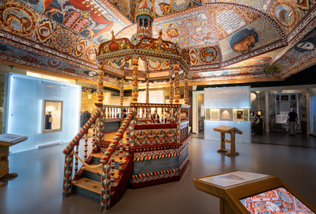 Warsaw, Poland - Aug 24, 2019: - Reconstructed Vault and bimah of gwozdziec synagogue at Museum of the History of Polish Jews facade detail Interior - POLIN - Warsaw, Polandのeditorial素材