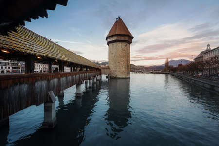 Chapel Bridge (Kapellbrucke) at sunset - Lucerne, Switzerlandの写真素材