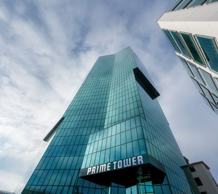 Zurich, Switzerland - Nov 22, 2019: Prime Tower Skyscraper Building - Zurich, Switzerland