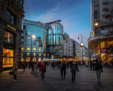 Vienna, Austria - Oct 12, 2019: Karntner Street at night - Vienna, Austriaのeditorial素材
