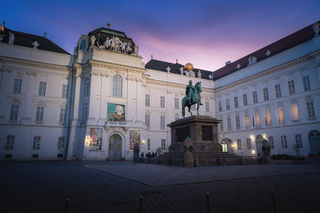 Vienna, Austria - Oct 13, 2019: Joseph Square and Austrian National Library at Hofburg Palace at night - Vienna, Austriaのeditorial素材