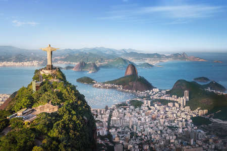 Aerial view of Rio with Corcovado Mountain, Sugarloaf Mountain and Guanabara Bay - Rio de Janeiro, Brazilの写真素材