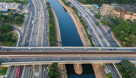 Marginal Tiete Highway, Tiete River and Cruzeiro do Sul Bridge aerial view - Sao Paulo, Brazilの写真素材
