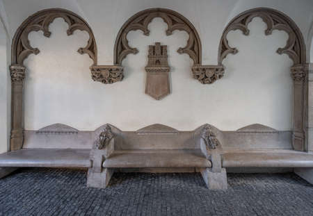 Stone Bench and Coat of Arms at the Old Town Hall - Bratislava, Slovakiaの写真素材