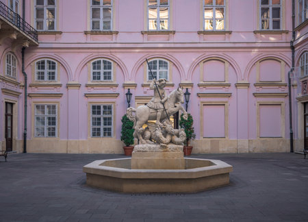 Bratislava, Slovakia - Oct 14, 2019: Fountain of St. George and the Dragon at Primate's Palace Courtyard (from Mid-17th century) - Bratislava, Slovakiaのeditorial素材