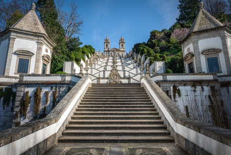 Stairway and church at Sanctuary of Bom Jesus do Monte - Braga, Portugalの写真素材