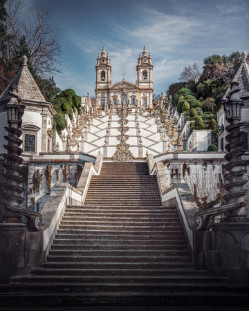 Stairway and church at Sanctuary of Bom Jesus do Monte - Braga, Portugalの写真素材